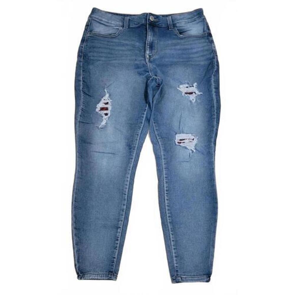 M Jeans by Maurices Womens High Rise Skinny Distressed Plaid Patch Jeans L Short